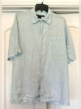 Syllables Men's Short Sleeve Light Blue Button Down Linen Pocket Shirt Medium